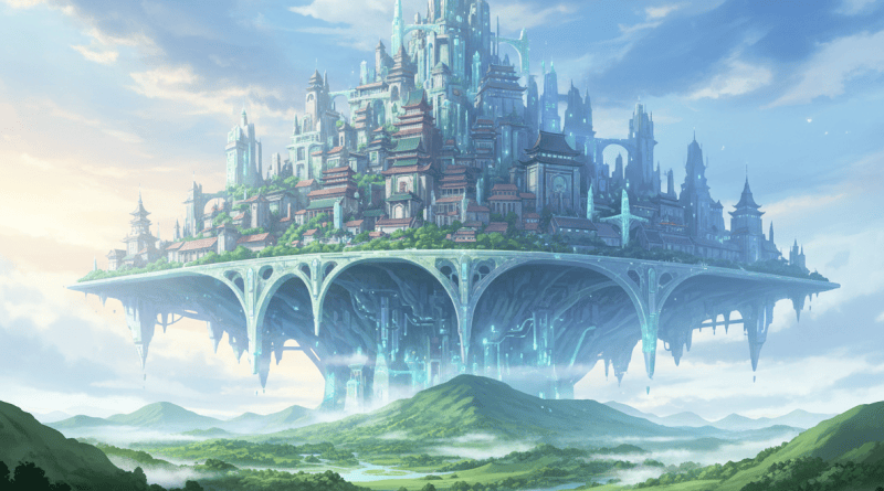 Anime landscape of layered floating city stacks above a base chain