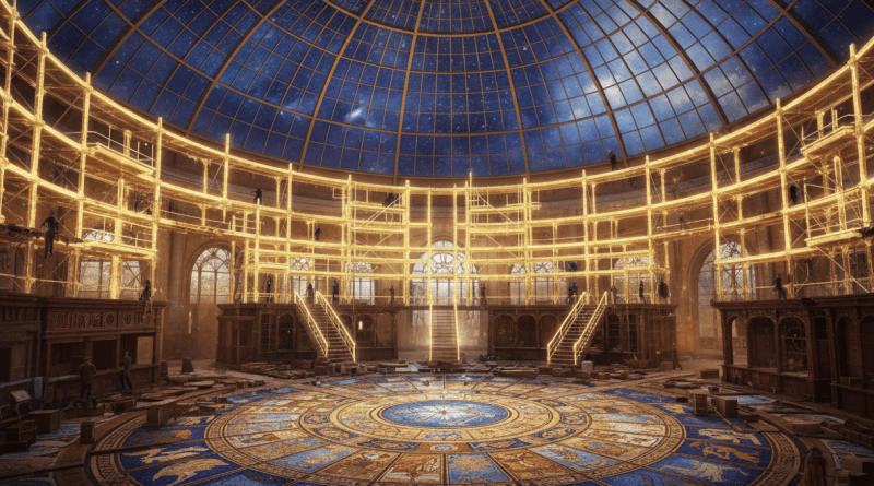 Fantasy landscape of a marketplace hall under luminous scaffolding